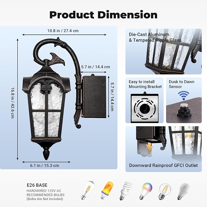 Outdoor Porch Light with Outlet, Oil-Rubbed Bronze Outdoor Porch Lights Wall Mount, Rust-Proof Aluminum Exterior Sconce Light, Waterproof Vintage Dusk to Dawn Outside Wall Lights for Garage