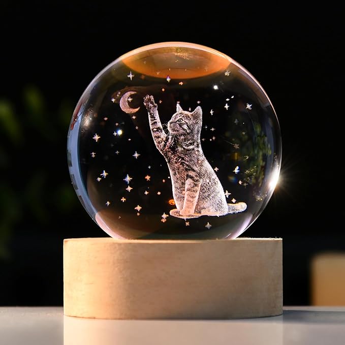 IFOLAINA 3D Cat Themed Gifts for Women Friends Cat Lovers Presents 2.36" Engraved Crystal Ball with Wooden Light Base Crystal Pet Sphere Decor