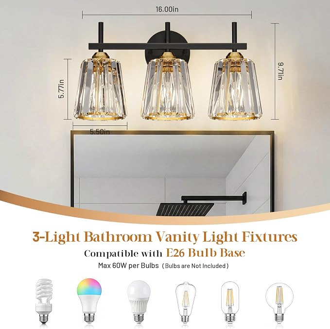 Crystal Bathroom Light Fixtures Over Mirror, Black Gold 3-Light Bathroom Vanity Lights Over Mirror Modern Wall Lighting Sconces with Ceramic E26 Base (Bulbs Not Include)