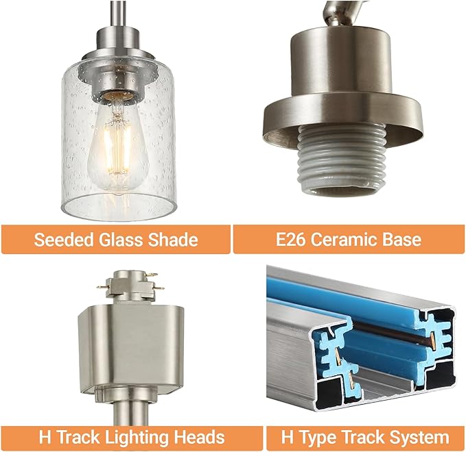 LOUSACE 4 Pack H Track Lighting Replacement Heads Brushed Nickel Ceiling Track Lighting Fixtures with Seeded Glass Shades, H Type Track Light Heads E26 Base Spotlight for Retail Shop Kitchen Bathroom
