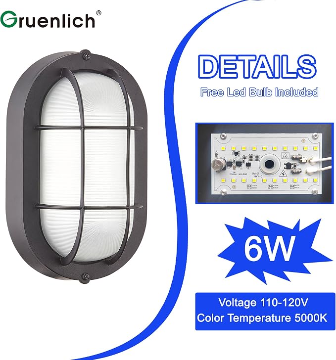 GRUENLICH LED Bulkhead Light Fixture, Aluminum Outdoor Wall Lantern, 8.5" | Oval Exterior Porch Light Wall Sconce for House Walkway Nautical Sauna, Dimmable 6W 600 Lumen, Glass, 5000K, Black, 2 Pack