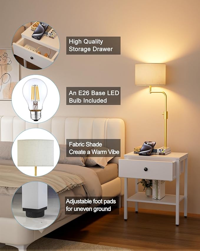 Lightdot 58IN Floor Lamps with End Table Attached, Dimmable Floor Lamp Side Table with Drawers& Bulb Included, 350° Rotatable Modern Standing Lamps for Bedroom/Sofa Beside/Corner Decor-White