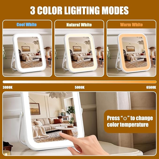Rechargeable Vanity Mirror with Lights, 10"×8" Makeup Mirror with Lights, 1500mAH Battery, Smart Touch with 3-Color Lighting, Dimmable, HD Desk Mirror, Travel Essentials, Women Gift (White)