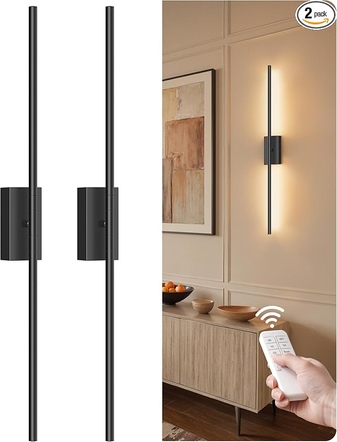 34.6" Wireless Battery Operated Wall Sconces Set of Two,Rechargeable Lamp with Remote, 360° Rotation, 10000mAh Battery, Touch Dimmable Lights for Living Room Hallway Bedroom, Black B05YBP205