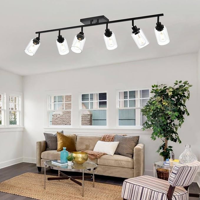 MELUCEE Ceiling Track Lighting Kits with Flexibly Rotatable Light Head | 6 Light Bathroom Light Fixtures Wall Mount Modern Black Spotlights with Clear Glass Shade, 45.3 Inch
