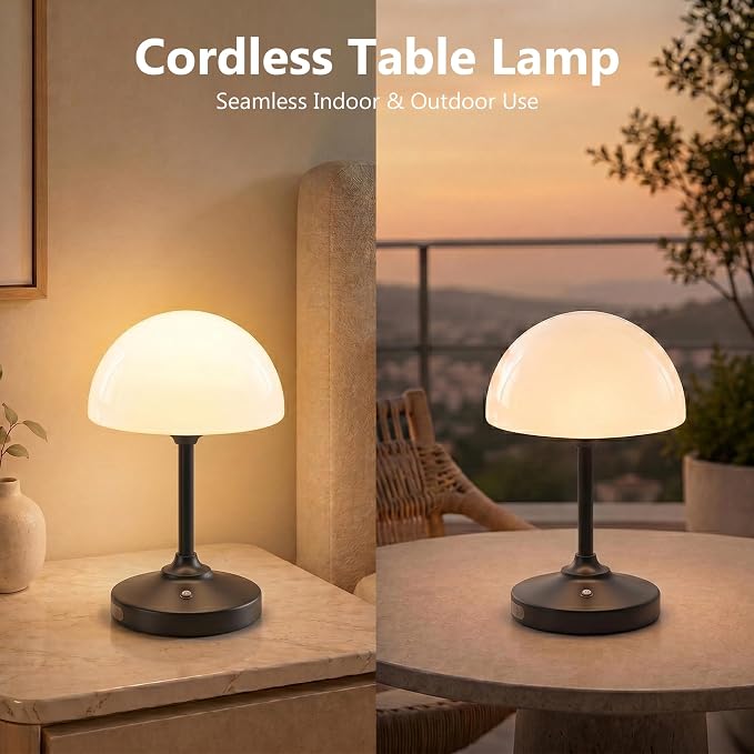 Table Lamp Cordless Lamp,5000mAh Rechargeble Battery Operated Lamp | Small Bedside Desk Lamp 11.02" with Glass Shade 3-Way Dimmable Portable LED Table Light,for Outdoor,Dinner,Patio(Black)