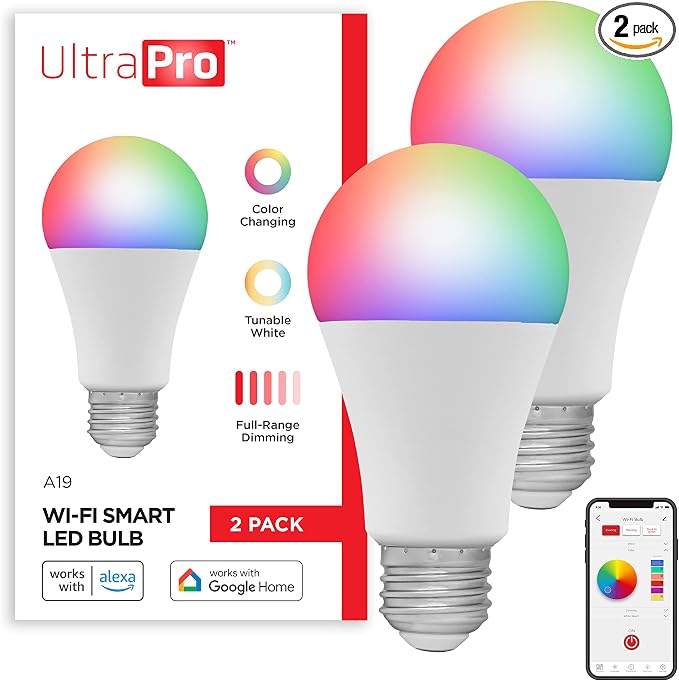 UltraPro Wi-Fi LED Smart Light Bulb, A19, 60W Equivalent, RGB, Color Changing, White Select Tunable 2700K - 6500K, Dimmable, 2.4GHz Router Required, Circadian Rhythm, Easy-to-Use App, 2 Pack, 51449
