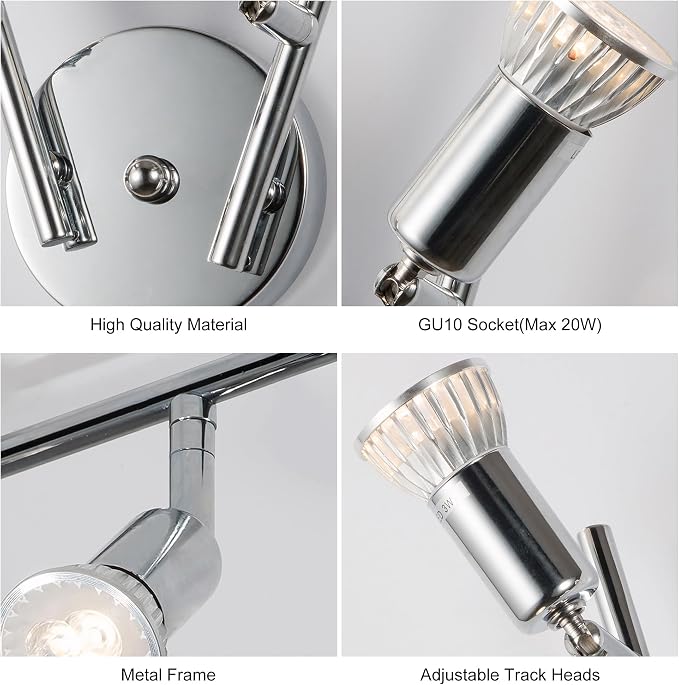 Qcyuui Modern 4-Light Track Lighting Kit, Flush Mount Wall/Ceiling Spot Lights Fixture, LED Track Lighting with Chrome Rotatable Light Head for Kitchen Living Room, 4×GU10 Bulb (Included)
