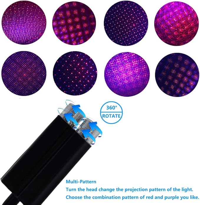 USB Night Light Star Projector, LEDCARE 2 in 1 Interior Car Roof Lights, Adjustable Romantic Portable USB Ceiling Star Projector Decorations for Car, Ceiling, Bedroom, Red/Violet Blue