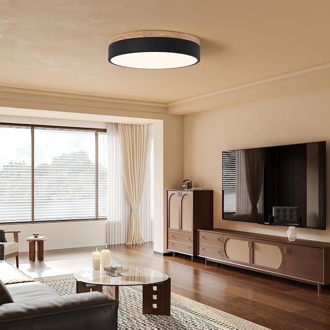 12" Minimalist Black and Wood LED Flush Mount Ceiling Light Fixture | Natural Wood Accent, Integrated LED, 5CCT Before Installation, Slim Low-Profile Design, Minimalist Modern Style, Compact Size