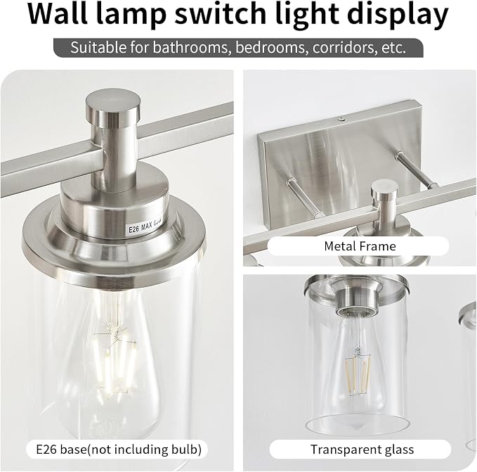 Brushed Nickel 3-Light Vanity Lights with Clear Glass Shade, Modern Bathroom Vanity Light Over Mirror, Kitchen Bedroom Hallway Cabinet Wall Lamp