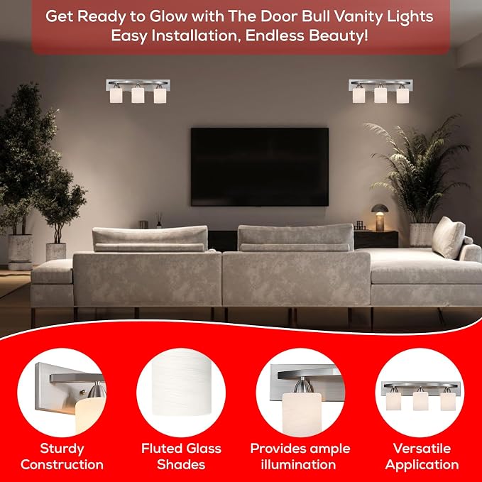 3-Light Bathroom Vanity Bar Light Fixture - Brushed Nickel | Modern Frosted glass shades with E26 socket. Matte Wall sconce lighting perfect over mirror, kitchen, hallway, or entryway
