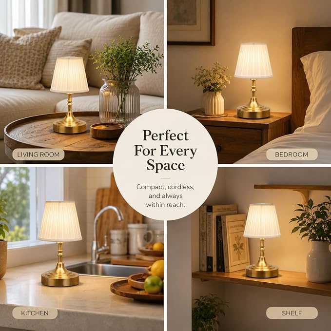 Gold Small Cordless Table Lamp Rechargeable,Mini Lamp - Kitchen Countertop | Battery Operated｜Touch Lamp｜Portable｜Restaurant Table｜Bookshelf | Counter Top ｜Wireless ｜Vintage｜Home Decor｜Farmhouse Boho