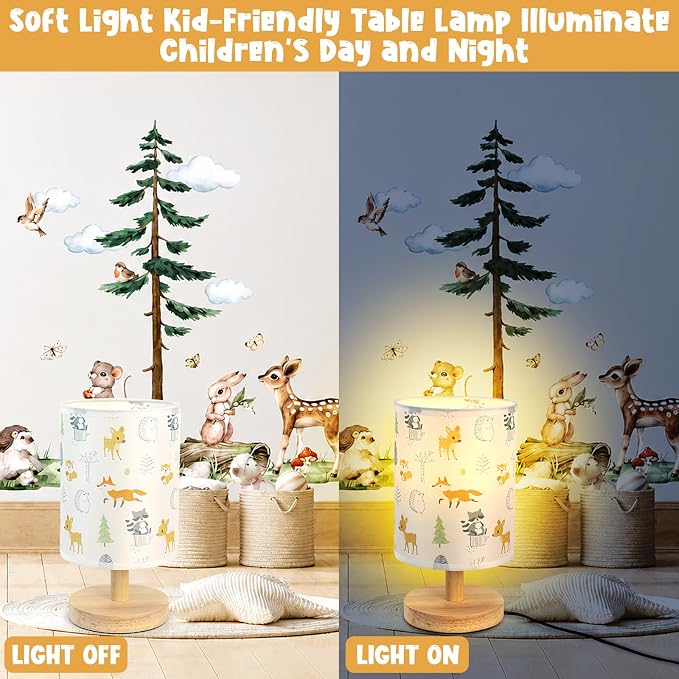 Animal Table Lamp for Bedroom Kids Bedside Lamp with Linen Wooden Nightstand Cartoon Nursery Lampshade for Boys Girls Room Decor