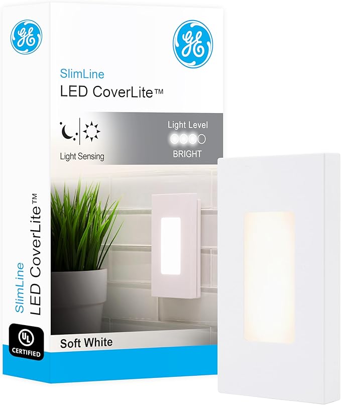 GE Slimline CoverLite LED Night Light, Plug-in, Dusk to Dawn, Modern Outlet Cover, UL Certified, Ideal for Bedroom, Nursery, Bathroom, Hallway, 10215