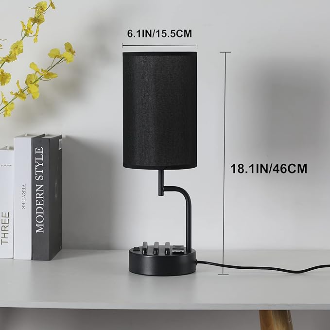 Dreamholder Table Lamp with 3 USB Charging Ports, Modern Desk Lamp with AC Outlet and Phone Stands, Perfect Bedside Lamp for Bedroom, Living Room, Office (Pack of 2), Black