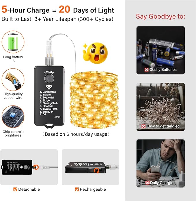 ZSJWL Rechargeable Fairy Lights with Remote，66ft 200 LED Outdoor Battery String Lights with DIY Timer & Light Sensor, Waterproof Dimmable Twinkle Light for Tree Christmas Indoor, Warm White