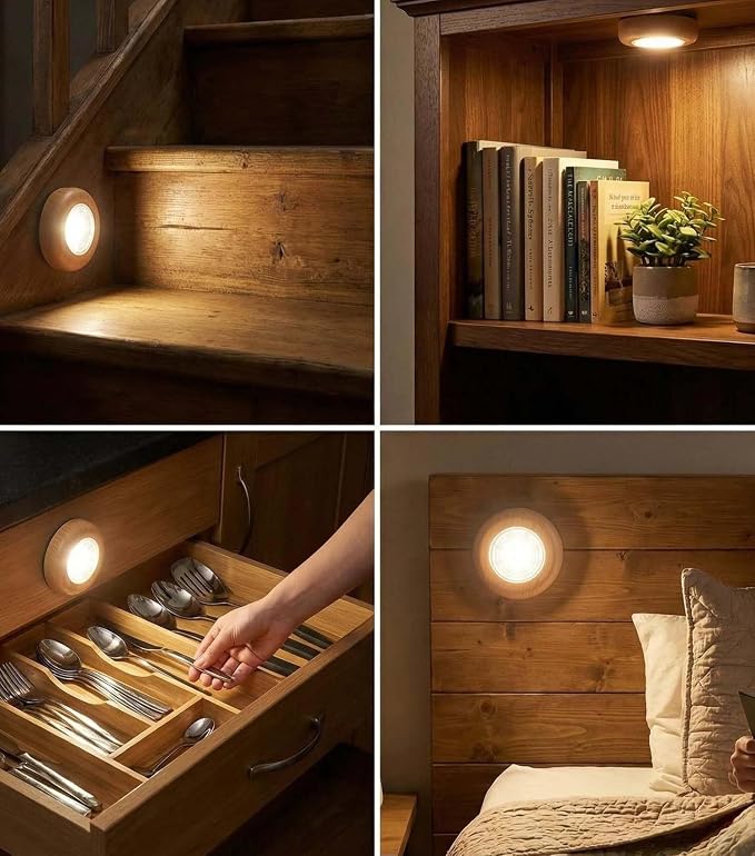 Wood Grain Puck Light, 6 Pack Small Push Lights Tap Light Battery Powered | Stick On Push Lights, Self-Adhesive Under Cabinet Lighting for Kitchen, Closet, Wardrobe, Shelf, Showcas, Shelf