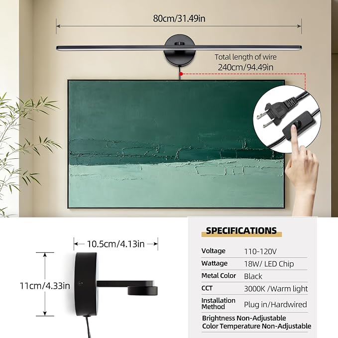 32" Plug in Bathroom Light Fixtures,Vanity Lights Bar,Picture Light | Modern Black,Non-Dimmable,3000K,with Switch,Long,Piano lamp,LED,Over Mirror,Wall Lights,for Bedroom/Art/Poster/Cabinet