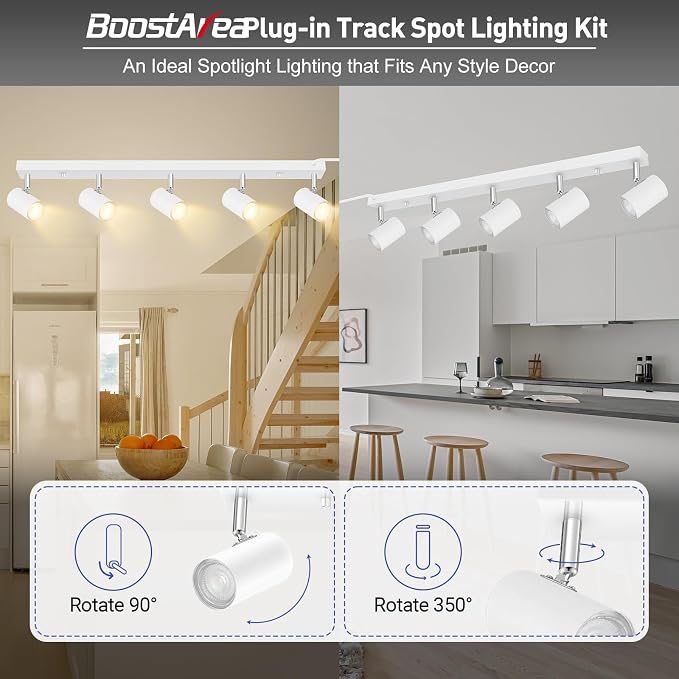 Plug in Track Lighting, LED Track Light Kit, White 5-Light Large Track Lights for Kitchen, 15 FT Cord,30" Large Ceiling Spotlight, Rotatable Wall Mount Light Head for Bedroom Hallway Living Room