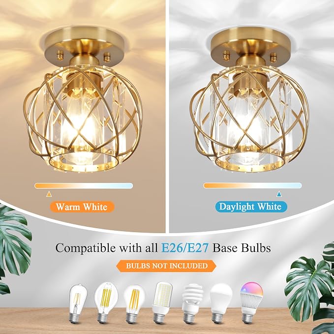 Hallway Light Fixtures Ceiling,Semi Flush Mount Ceiling Light Fixtures Gold Metal Cage Indoor Modern Ceiling Lights for Bedroom Room Hallway Entryway Kitchen 2Pack