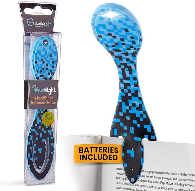 Gifts for Readers & Writers Book Light, Clip On Reading Light for Bed, 2in1 Flexilight & Bookmark, Small & Lightweight with a Soft Glow, 2 Batteries Included, Blue Digital
