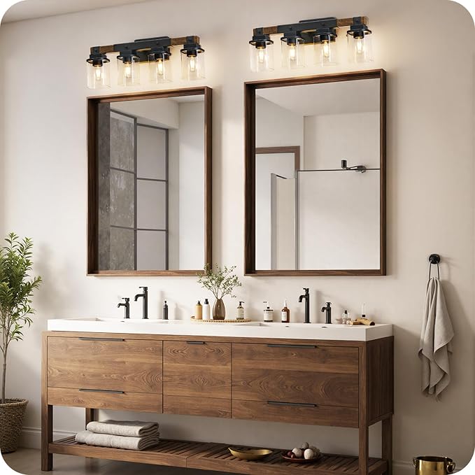 4-Light Bathroom Light Fixtures, Farmhouse Vanity Lights for Bathroom with Glass Square Shade, Rustic Vanity Lights, Sconce Wall Light, E26 Base (Bulbs Not Included), ETL Listed FS09BD05