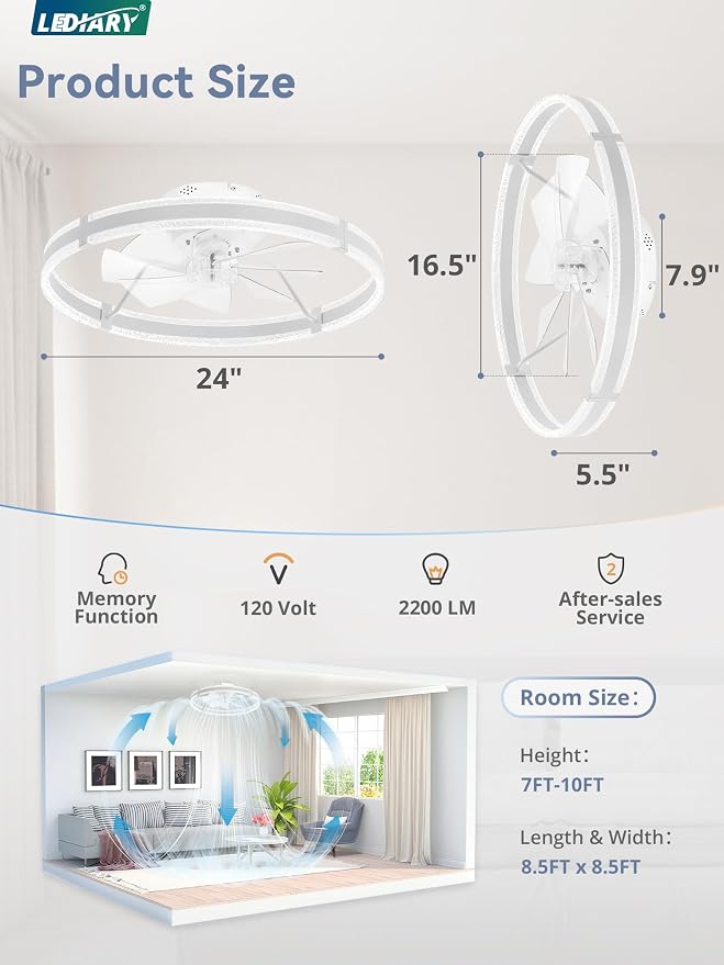 LEDIARY 24'' Modern Low Profile Ceiling Fans with Lights and Remote, White | 3000-6000K Dimmable LED, 6 Wind Speeds, Quiet Reversible DC Motor, Small Flush Mount Fandelier for Bedroom, Living Room