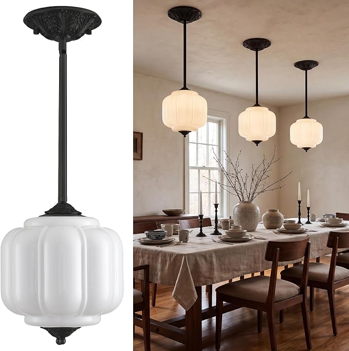 LOUSACE 10 Inch Vintage Milk White Glass Ceiling Light Fixture, Semi Flush Mount Pendant Lights with Black Aluminium Base for Kitchen Hallway Bedroom Dining Room - E12 Bulb Included
