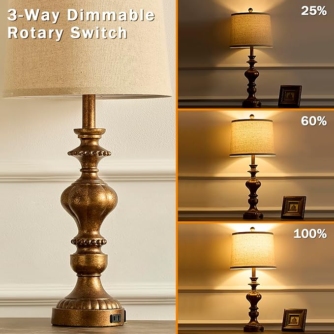 SAIWEYA 27.5" Farmhouse Table Lamps Set of 2, 3 Way Dimmable Bedside Lamps | Dimmable, USB C+A Ports & AC Outlet, LED Bulbs Included, Rustic Lamps for Living Room, Bedroom