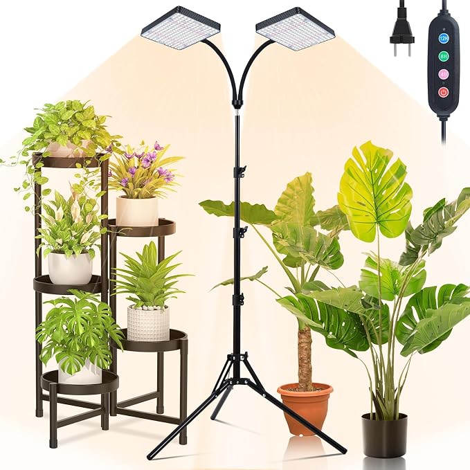 2Head Grow Light with Stand, 50 Watt Grow Lights for Indoor Plants, Natural Sunlight Full Spectrum Plant Growing Lamps for Tall Houseplants & Bonsai Tree, 4/8/12/16/20H 5-Mode Timer