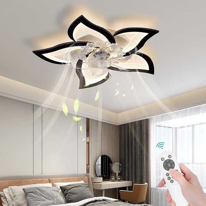 Bevenus Low Profile Ceiling Fans with Lights,27.2” Black Modern Dimmable Flower Shape Ceiling Light Fan with Remote Control/app Control,Timing 6 Gear Speeds Fan Ceiling Lamp.