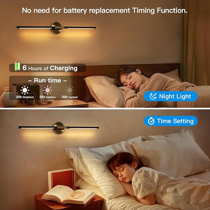Battery Operated Wall Sconces Set of Two, Wireless Wall Sconces 31.5 Inch | Rechargeable, Remote Control, Dimmable, 360°Rotate, Cordless Wall Light Decor for Living Room, Hallway, Timing, Black Gold