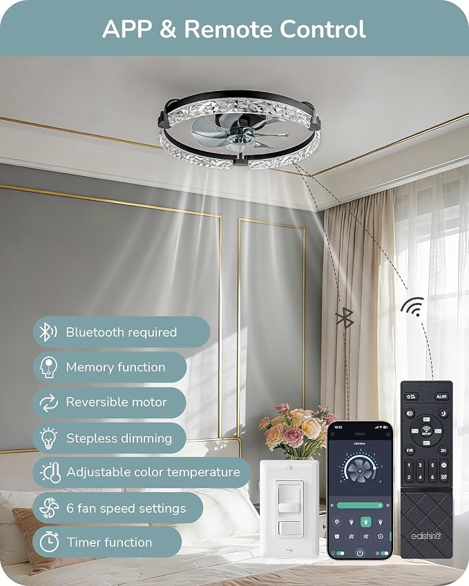 EDISHINE 20'' Ceiling Fans with Lights and Remote, 6 Speeds LED Modern | Flush Mount, DC Motor, APP Control, Black Fandelier, Low Profile Ceiling Fan for Bedroom, Kitchen 3000-6000K Dimmable