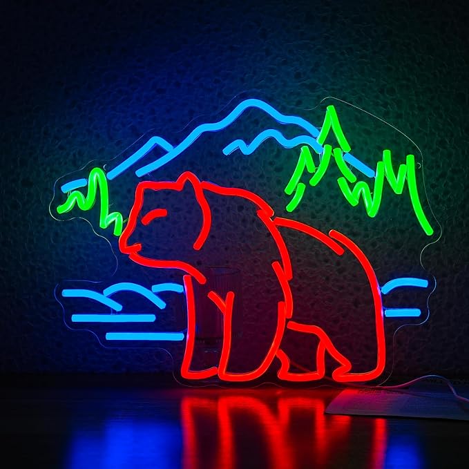 Bear Neon Sign for Wall Decor Dimmable Mountain LED Neon Light Bear Mountains Neon Light Signs Powered by USB for Living Room Hotel Zoo Neon Decor(16.5”*12.6”)