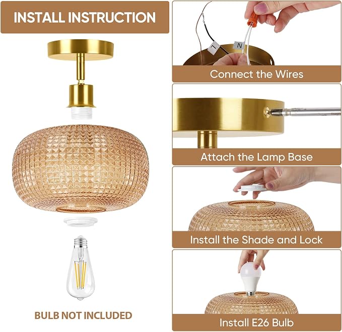 ROTTOGOON Semi Flush Mount Ceiling Light, Adjustable Hanging Gold Sloped Ceiling Lights with Amber Glass Shade Modern Hallway Light Fixtures for Kitchen Bathroom Entryway Bedroom (Bulb Not Included)