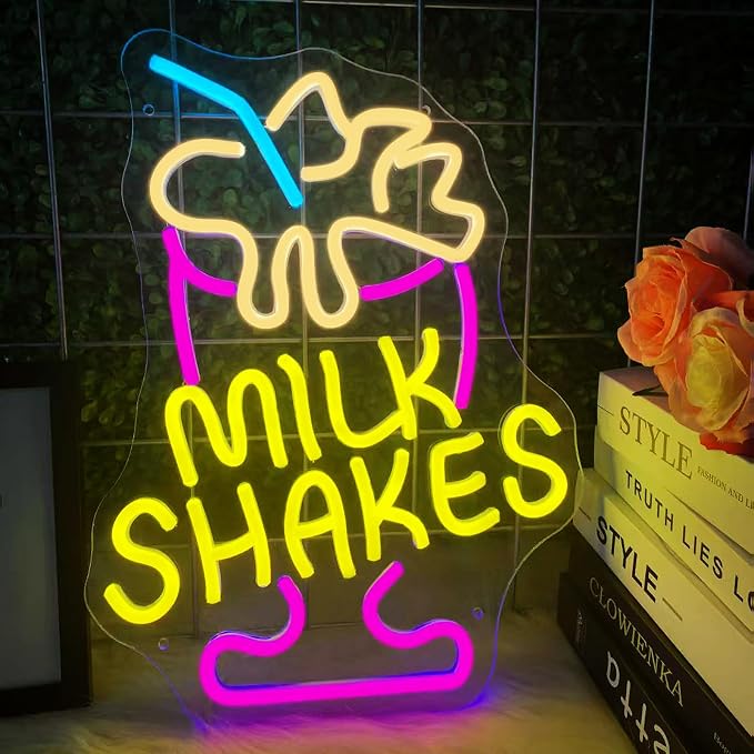 Milk Shakes Neon Sign, Colorful LED Ice Cream Light, USB Power | Dimmable Wall Decor Light-Up Signs for Dessert Shops, Restaurants, Bars, Fun Food Quote Neon Art Decoration for Room