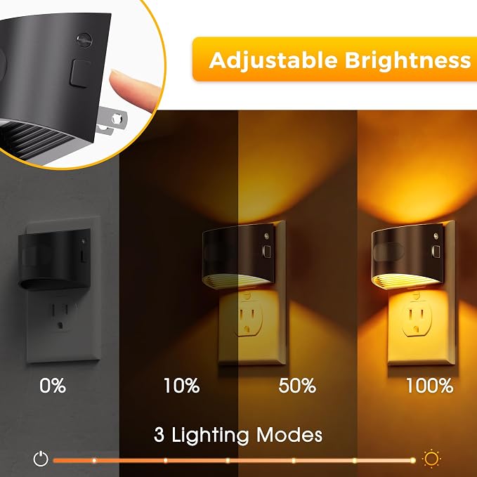 L LOHAS LED Motion Sensor Night Light, Night Lights Plug into Wall, 2 Pack | Nightlight with Dusk to Dawn & Motion Detection Sensor, 30-100Lm Adjustable Brightness, 1600K Amber Light, Black Housing