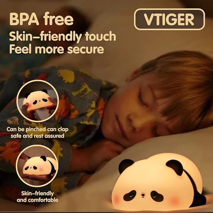 VTIGER Panda Night Light, LED Squishy Cute Lamp, Night Light for Kids, Silicone Panda Light, Dimmable Girls Baby Bedroom Nightlight, Rechargeable Touch Lamp for Breastfeeding Nursery Decor