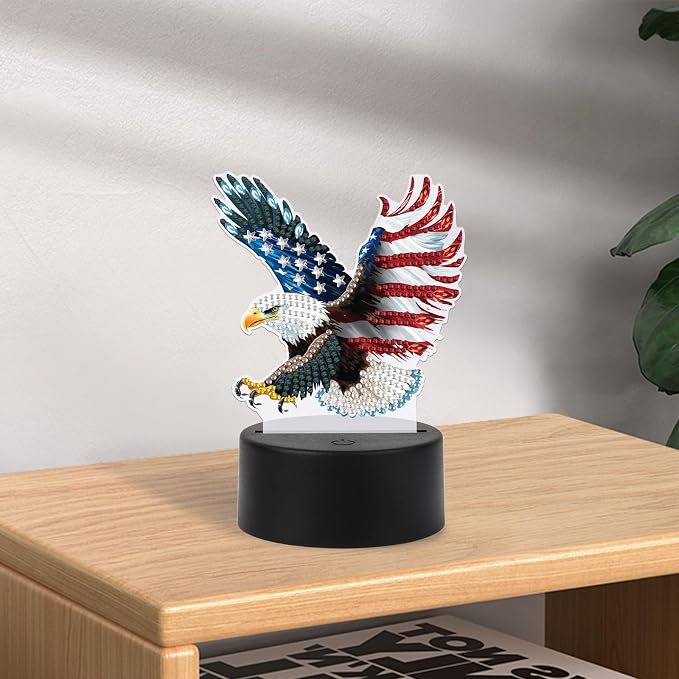 JISHSHAY Diamond Painting Night Light Diamond Art Table Lamps Gem Art LED Lights Gem Painting Desk Lamp Mosaic Kits for Adults DIY Kits for Adults with Special Shaped American Flag Eagle