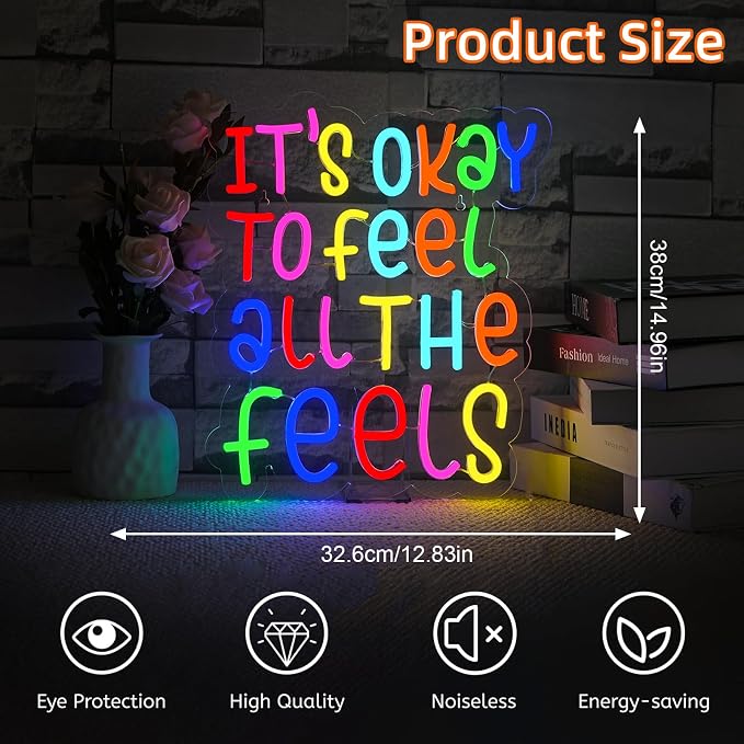 JURONG It's Okay to Feel All the Feels Neon Signs for Wall Decor Dimmable LED Neon Light up Signs USB Powered for Home Office Bedroom Classroom Wedding Party Store Home Gift Neon Decor