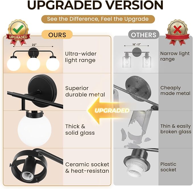 Modern Matte Black Bathroom Light Fixtures, 3-Light Vanity Lights Wall Sconce with Globe Milky White Glass Shade Over Mirror for Bathroom Hallway Living Room Bedroom