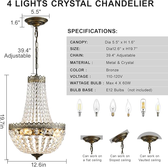 4 Lights French Empire Mini Crystal Chandelier Farmhouse Pendant Lighting,Antique Brass Finish Ceiling Light Fixture for Dining Room Bedroom Foyer Living Room, W12.6 x H19.7