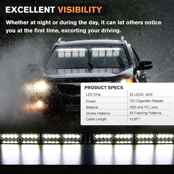 Nilight 32LED White Emergency Dash Strobe Lights w/Controller Suction Cups | Warning Hazard Interior Front/Rear Windshield Deck Split Light Bar for Trucks Construction Vehicles