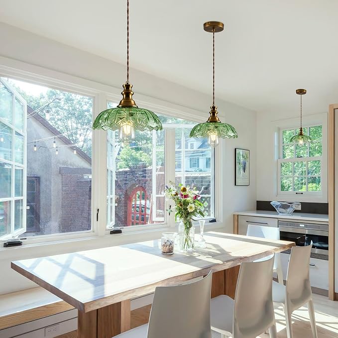 1-Light Pendant Light with Brass Gold Metal Green Glass Shade and Adjustable Cord Industrial Ceiling Hanging Light for Kitchen Island Bar Dining Room Bedroom Foyer Hallway Farmhouse