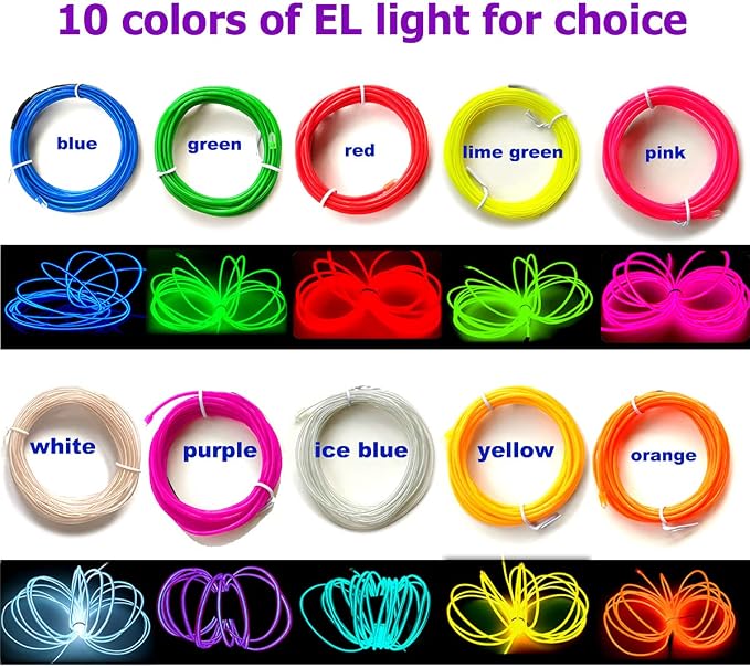 MaxLax EL Wire Fluorescent Green 10-Pack, 9ft/2.75m Neon Light Wire with Noise Reduction and Battery Pack…