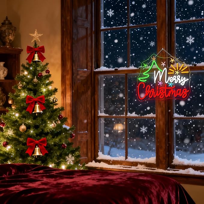 Merry Christmas Tree Neon Sign Dimmable With Christmas Tree and Sun Star Neon Signs Vibrant LED Neon Glowing Sign for Wall Decor Window Man Cave Bedroom Wedding Bar Party Gift New Year