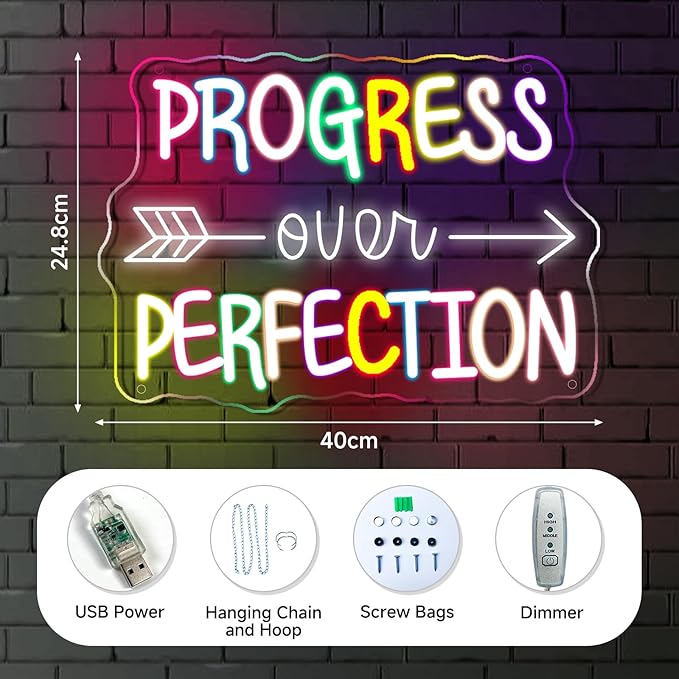 Progress Over Perfection Neon Sign, LED Neon Light Signs for Wall Decor Dimmable Inspirational LED Light Up Sign for Classroom Office Bedroom Library Study Room Kids Room Decorations