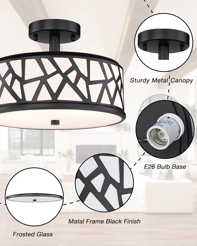 Farmhouse Semi Flush Mount Ceiling Light, 2-Light Black Metal Finish Ceiling Light Fixture, 13-Inch Light Fixture with Frosted Glass Shade for Hallway, Bedroom, Kitchen, Dining Room, Entryway