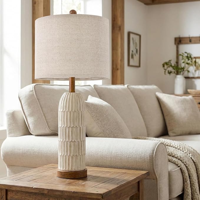26.5" Bedside Table Lamps Set of 2, Farmhouse Table Lamp with USB A+C Charging Ports,Vintage Nightstand Lamp for Bedrooms and Living Rooms, Retro Resin End Table Lamp with Linen Shade, Brown